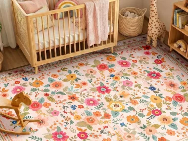 Tapis coloré lavable en machine posé dans une chambre d'enfant