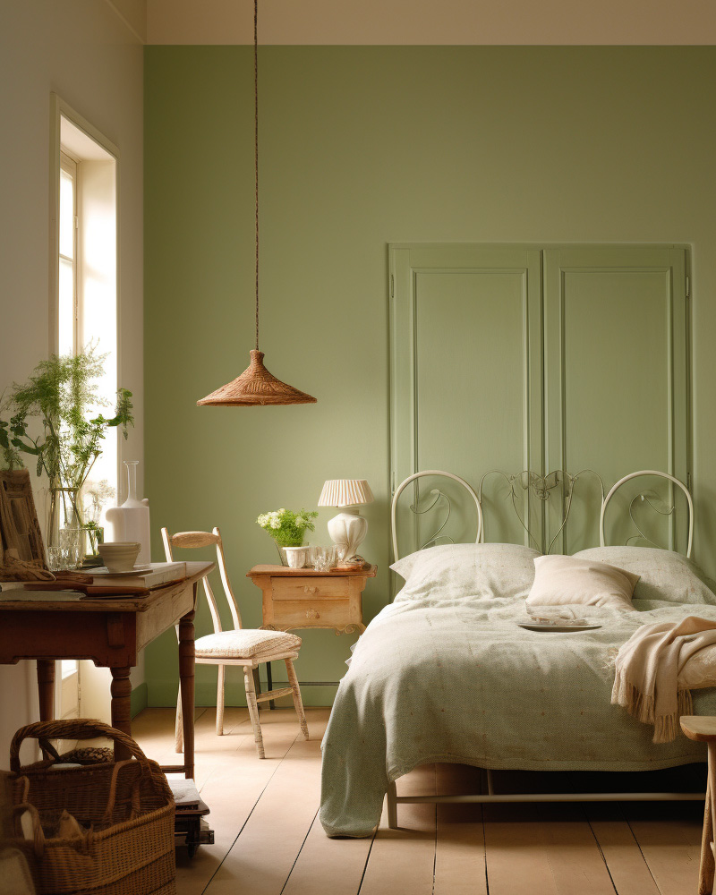 deco chambre campagne mur vert sauge