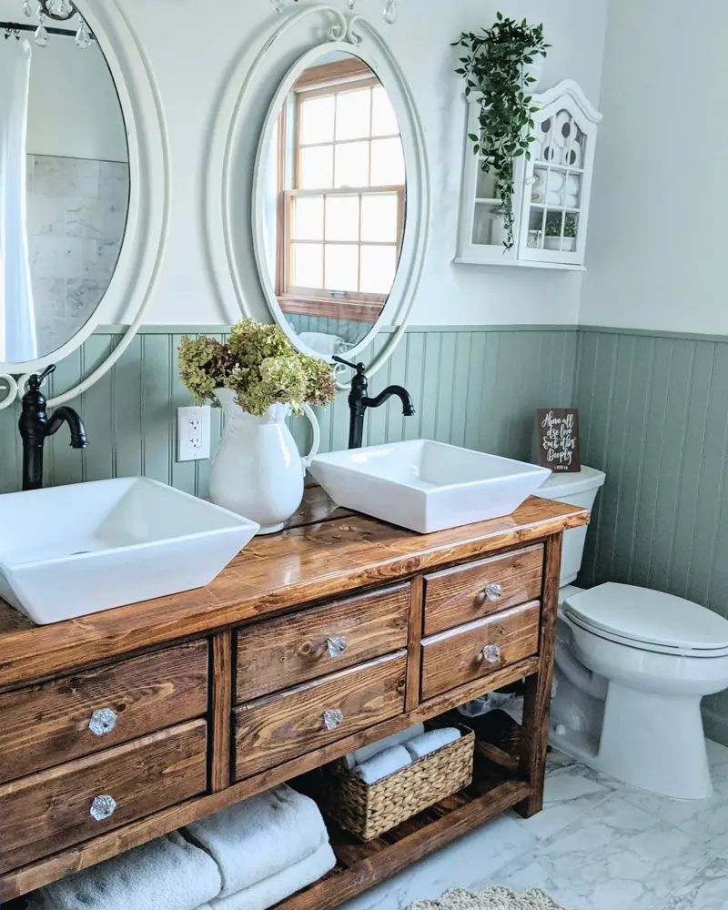 deco salle de bain campagne vert bois