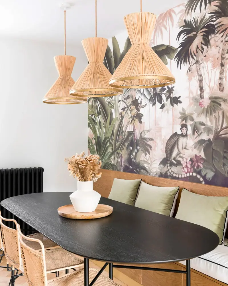deco salle a manger tropicale noir rotin