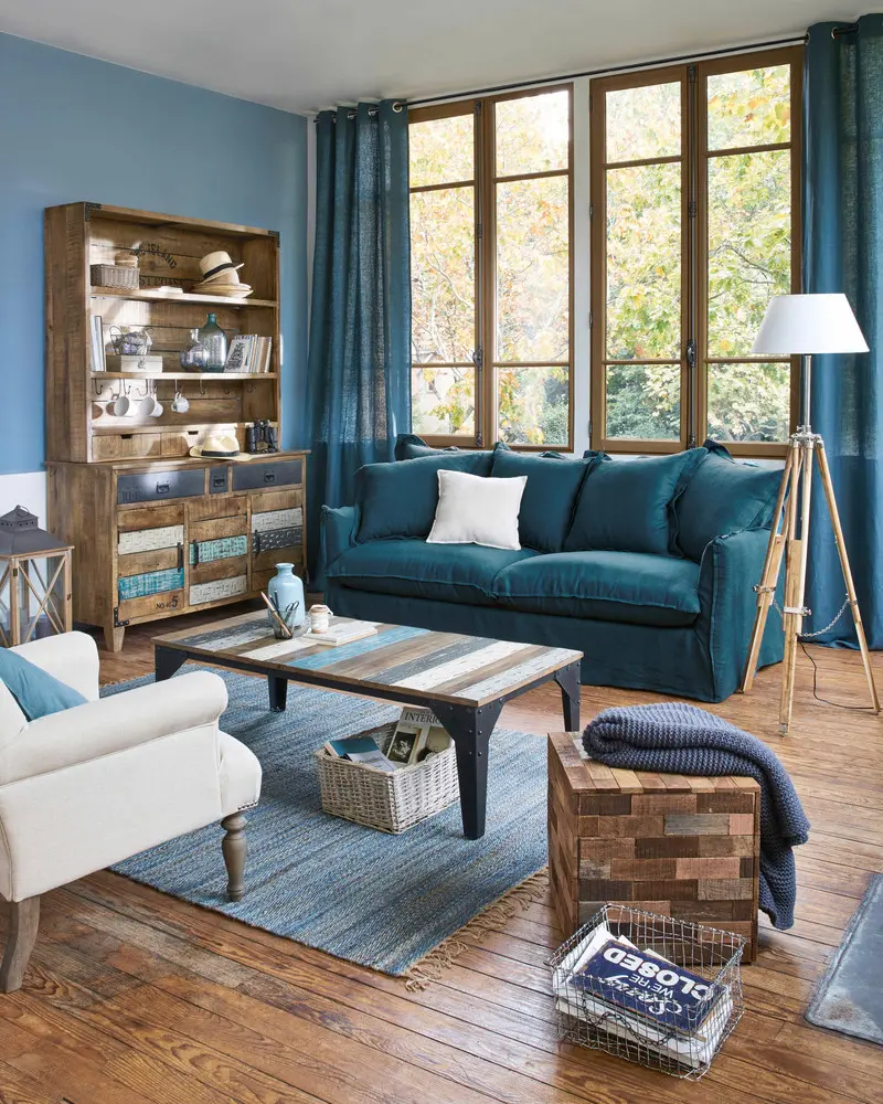 deco salon bleu bois