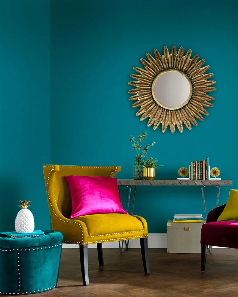 deco salon bleu canard laiton