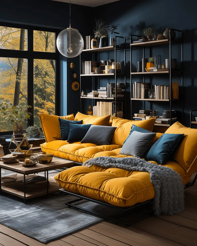 deco salon moderne jaune bleu