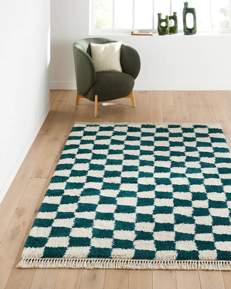 tapis damier vert canard blanc