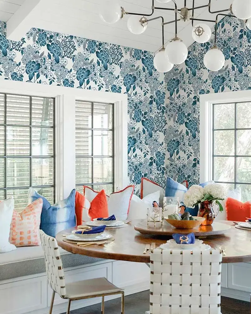 deco salle a manger papier peint bleu