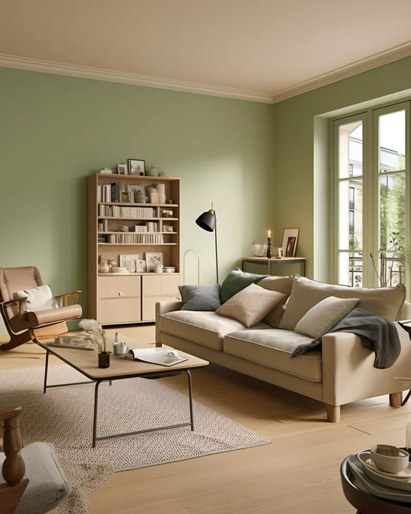deco salon vert sauge beige