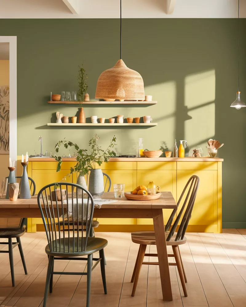 deco salle a manger vert sauge jaune