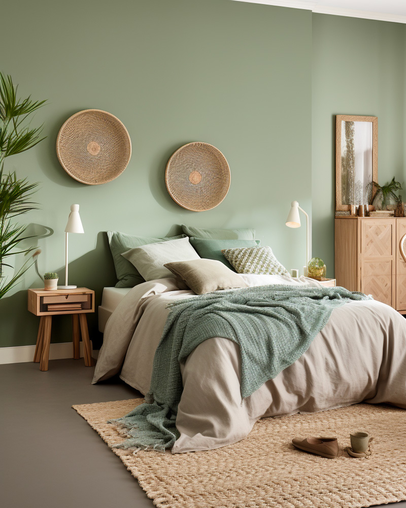 deco chambre naturelle vert sauge rotin