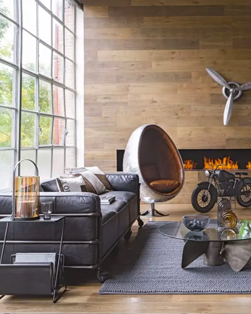 deco salon industriel cuir noir
