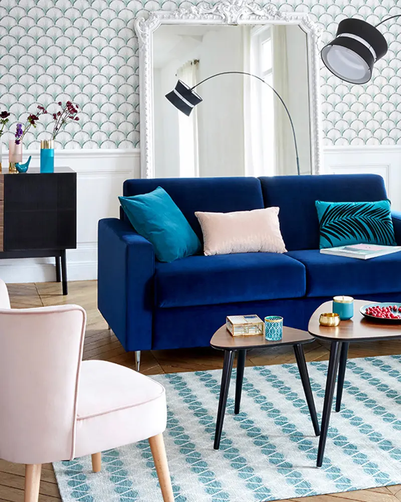 deco salon vintage velours bleu