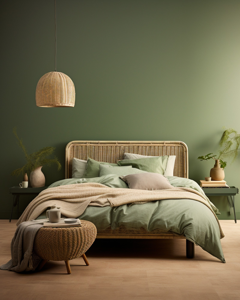 deco chambre vert sauge rotin