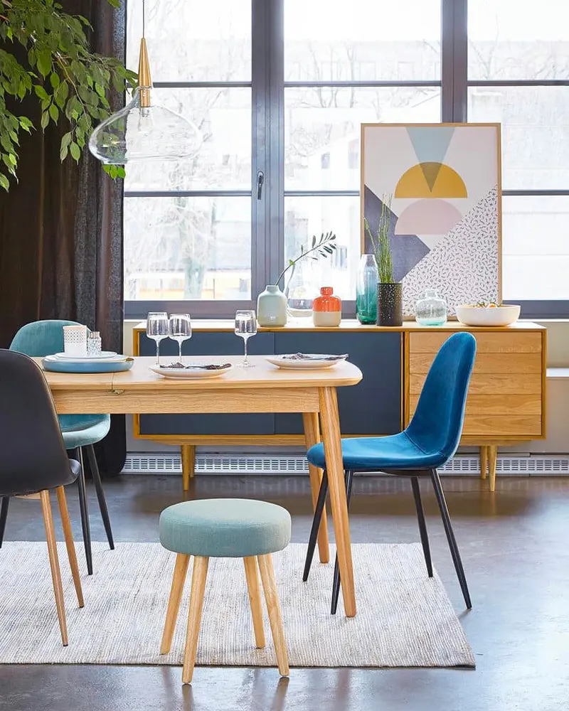 deco salle a manger bleu bois scandinave vintage