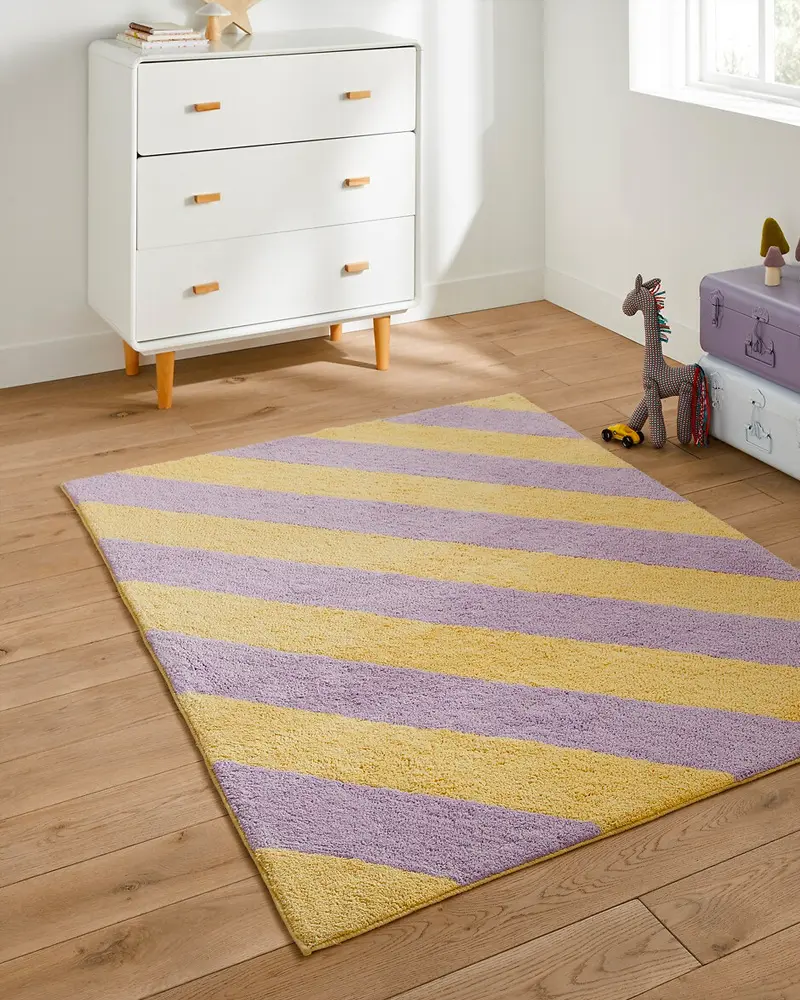 tapis rayures jaune violet