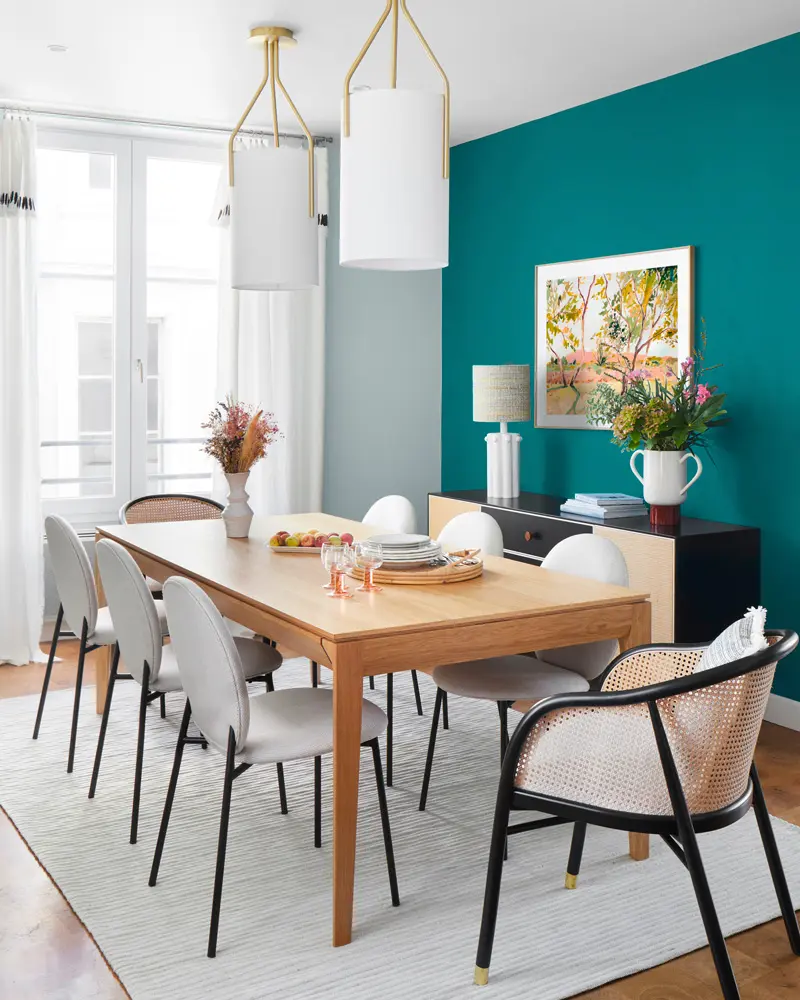 deco salle a manger mur bleu canard