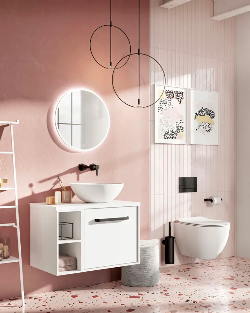 deco salle de bain rose blanc