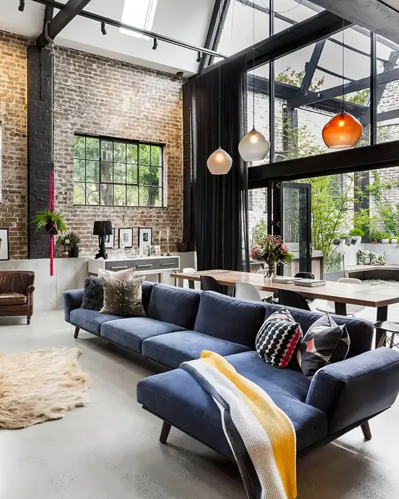 deco salon industriel metal noir bleu