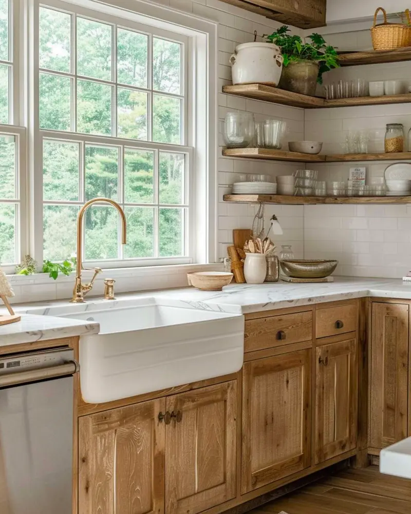 deco cuisine campagne bois marbre blanc