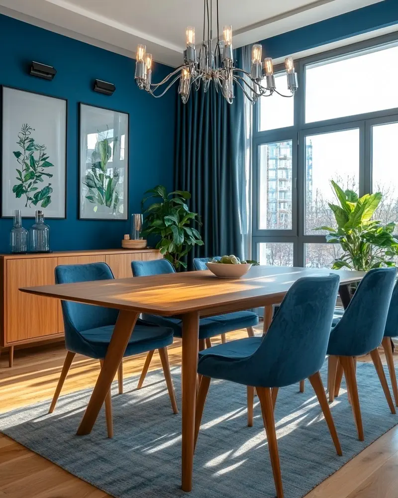 deco salle a manger bleu canard bois