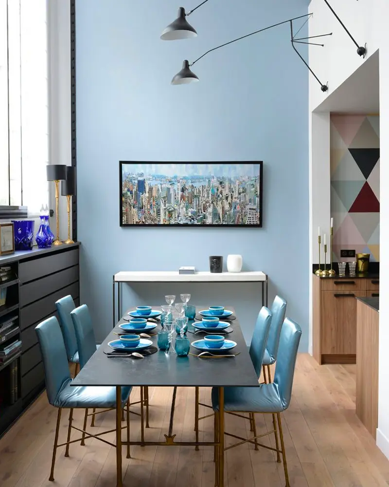 deco salle a manger bleu moderne