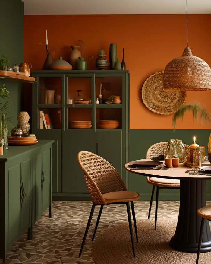 deco salle a manger vert kaki terracotta