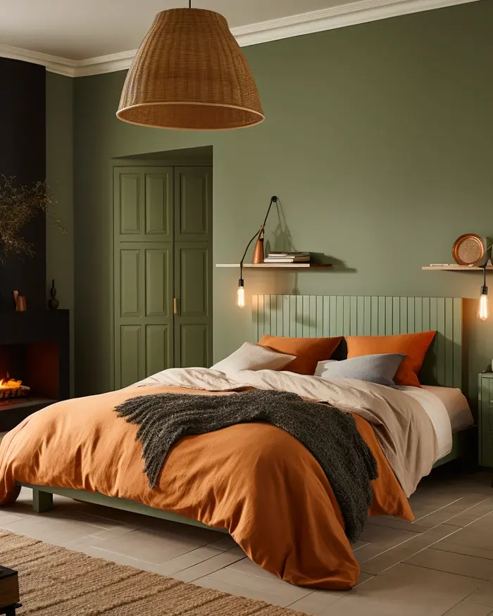 deco chambre campagne vert kaki terracotta