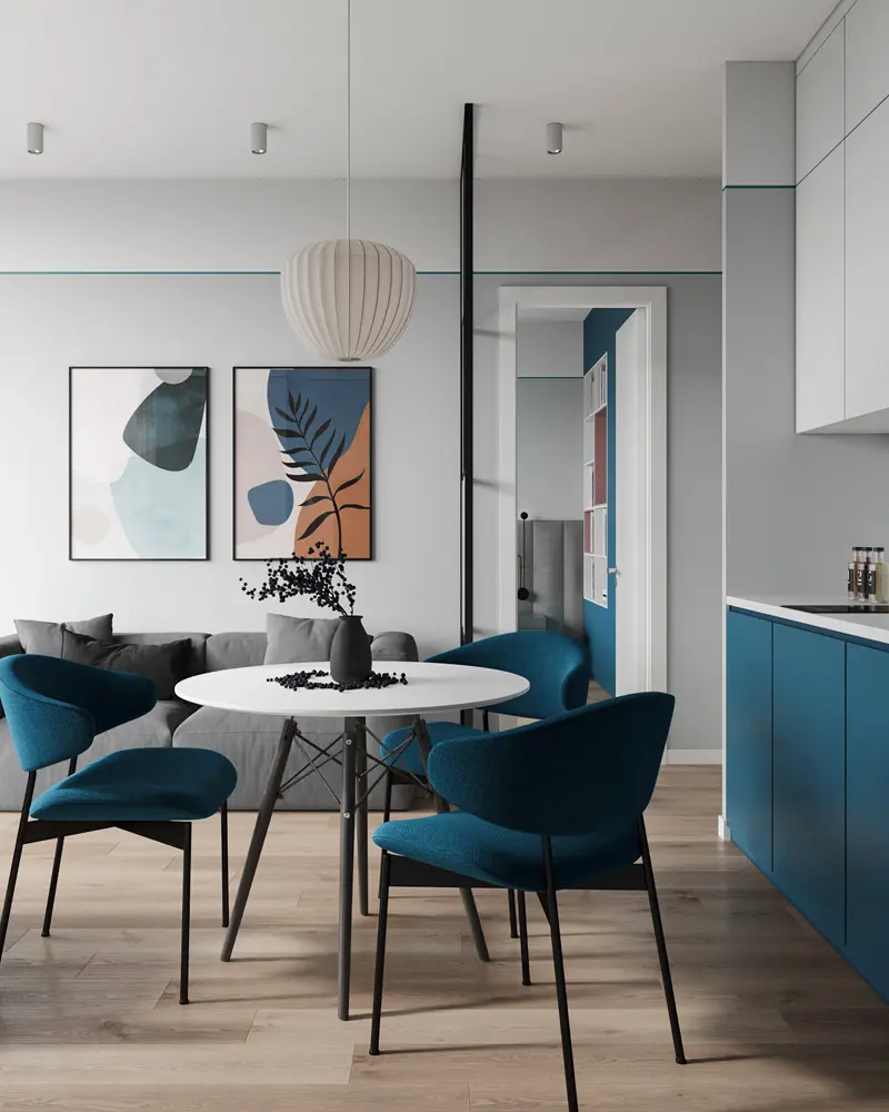 deco salle a manger bleu moderne