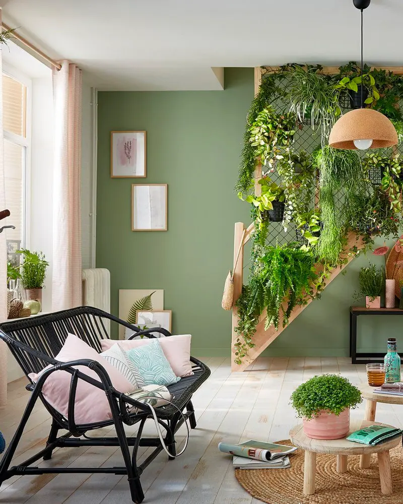 deco salon nature vert bois rotin