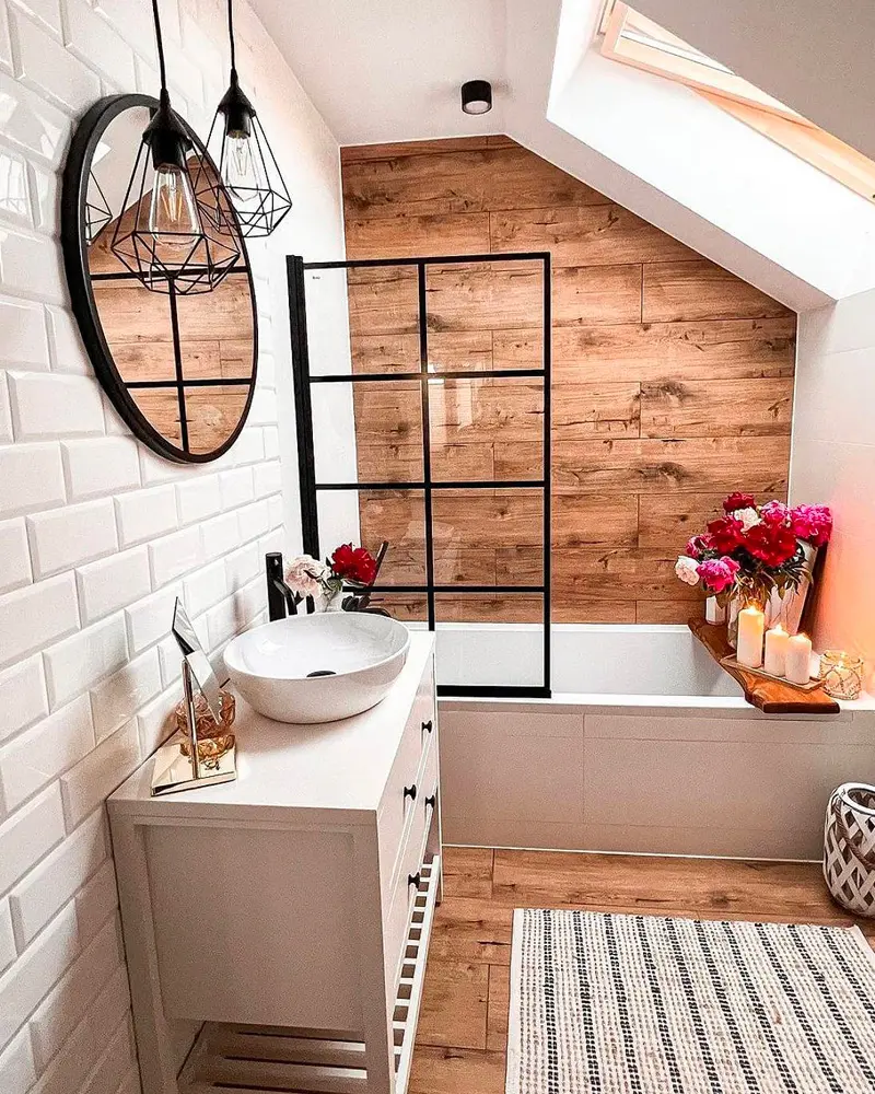 deco salle de bain cosy cocooning moderne noir blanc bois