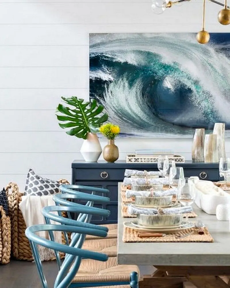 salle a manger bord de mer chic bleu dore