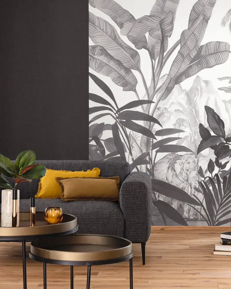 deco salon tropical moderne gris