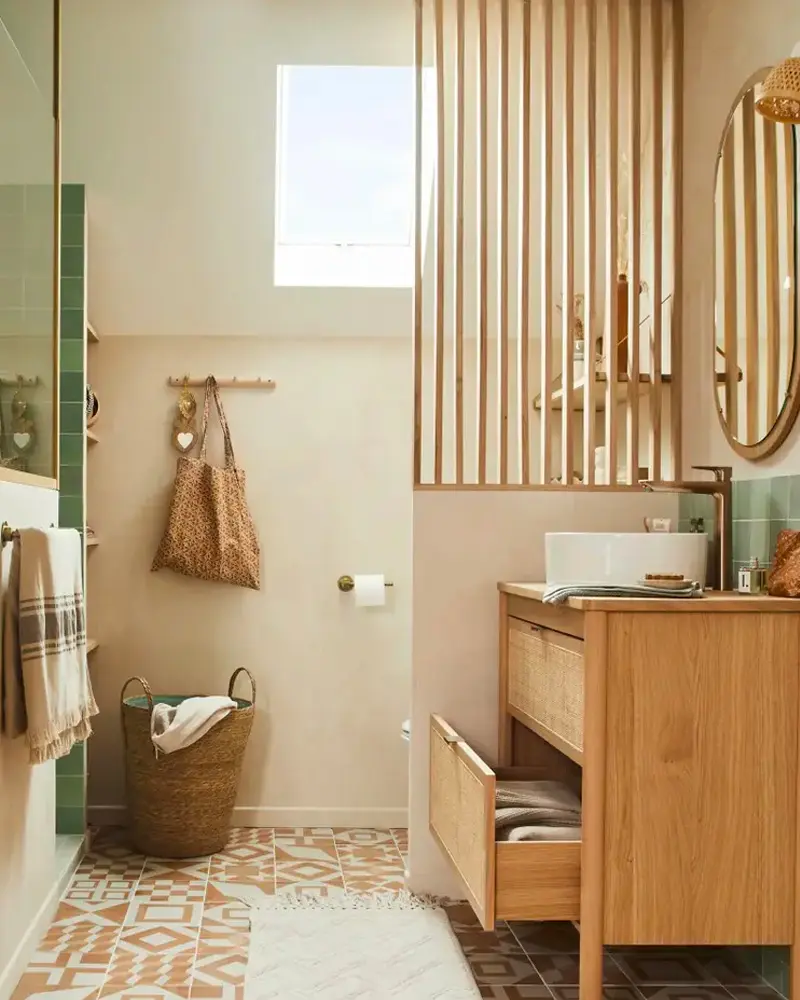 salle de bain cosy cocooning moderne vert bois
