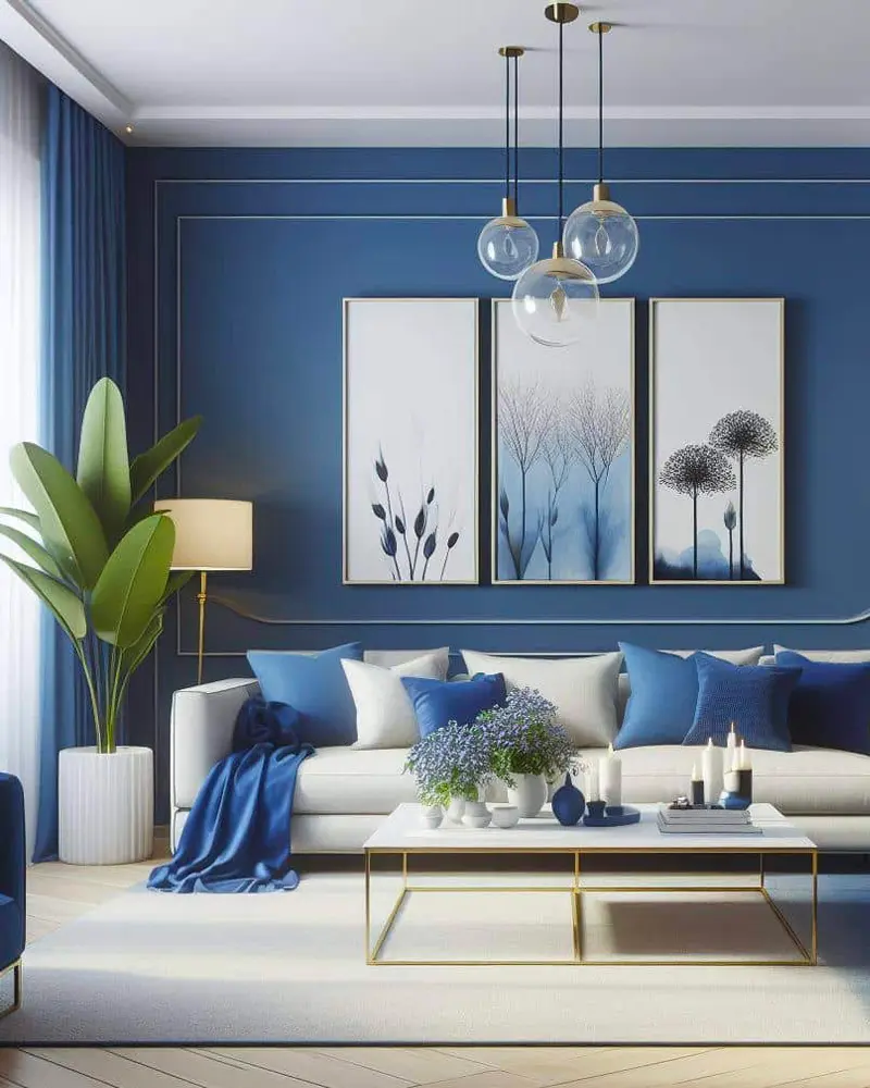 deco salon moderne bleu blanc