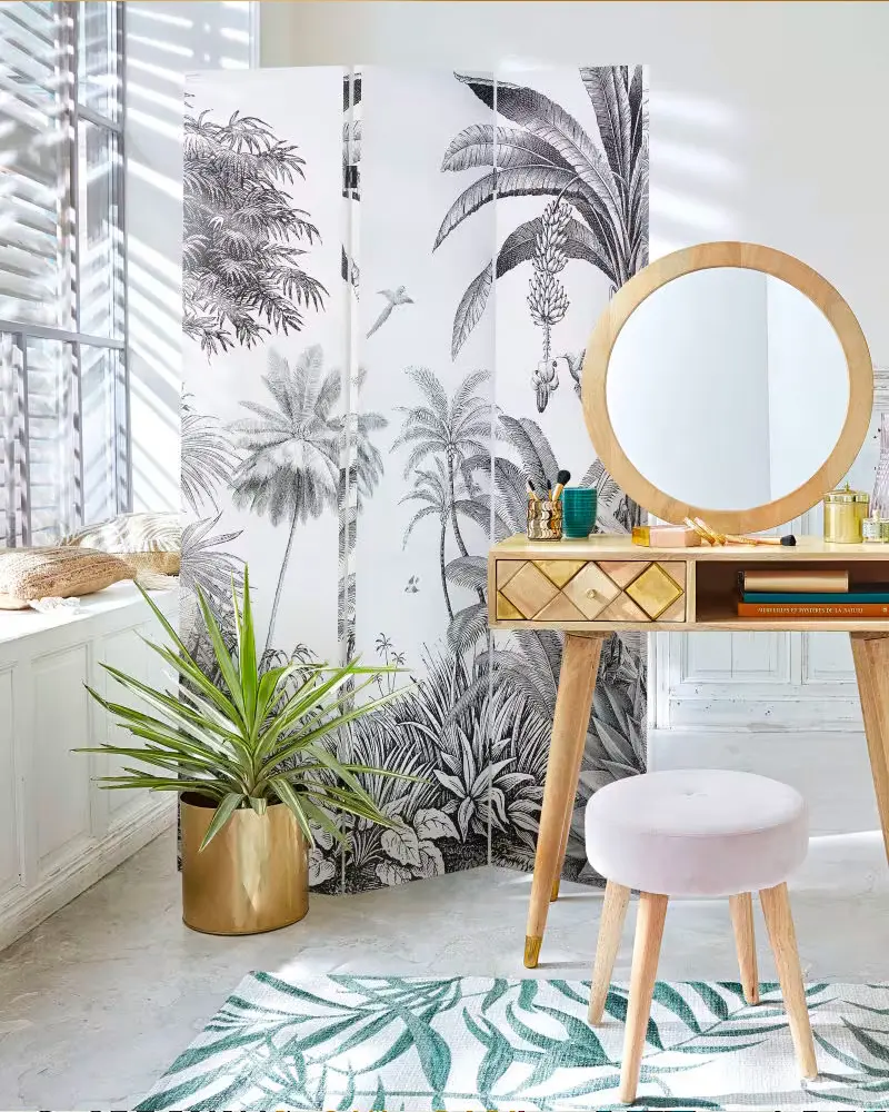 paravent motif tropical noir blanc