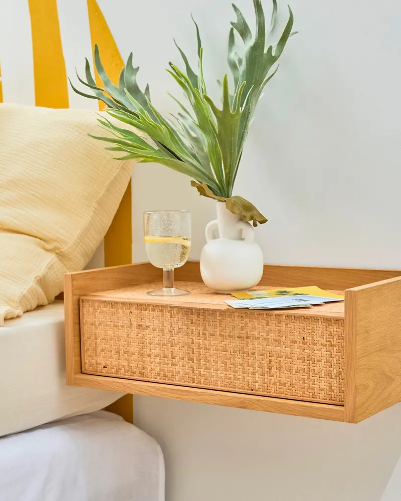 table chevet suspendu bois cannage