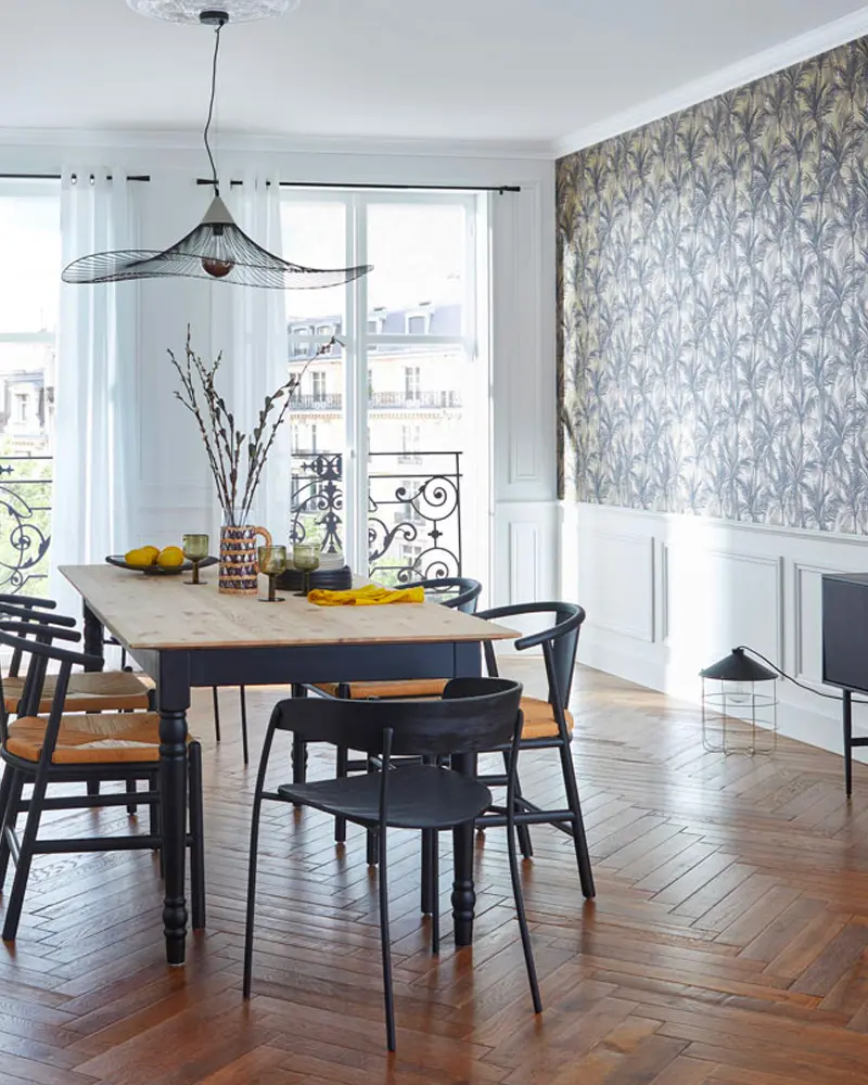deco salle a manger tropicale chic noir blanc