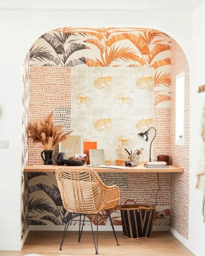 deco bureau papier peint tropical