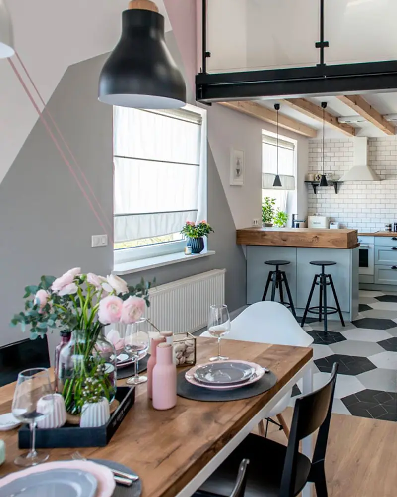 deco loft industriel chic rose salle a manger