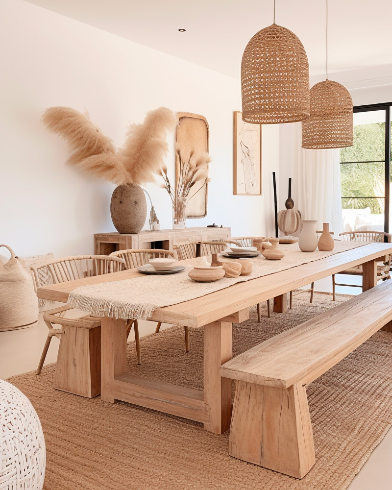 deco salle a manger boheme ethnique beige bois