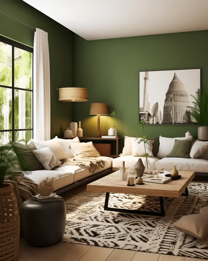 deco salon ethnique vert kaki
