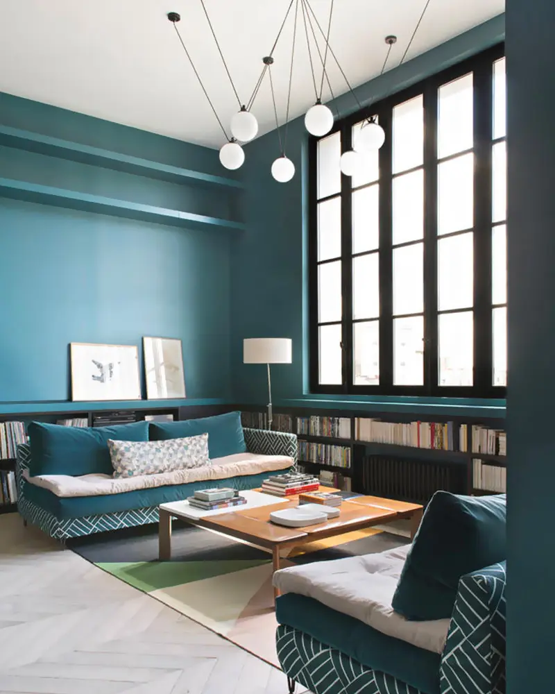 deco salon moderne bleu canard