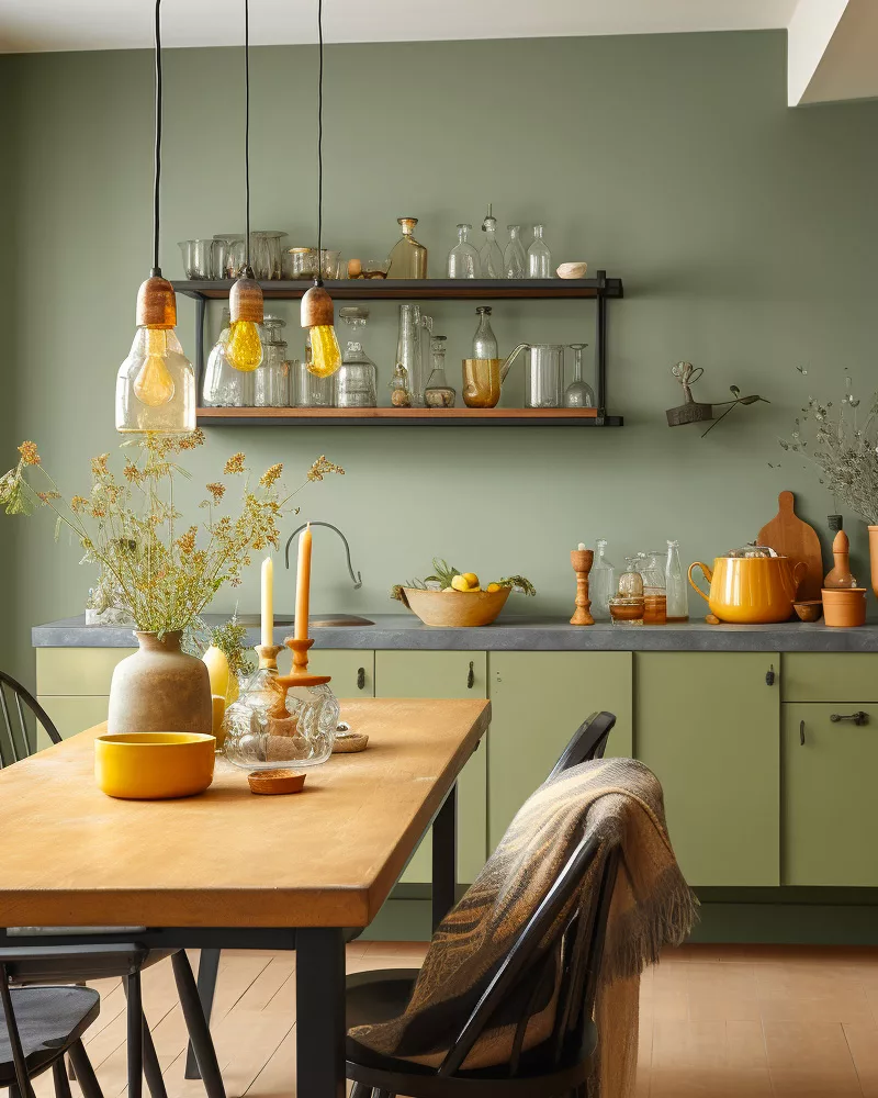 deco salle a manger vert sauge jaune