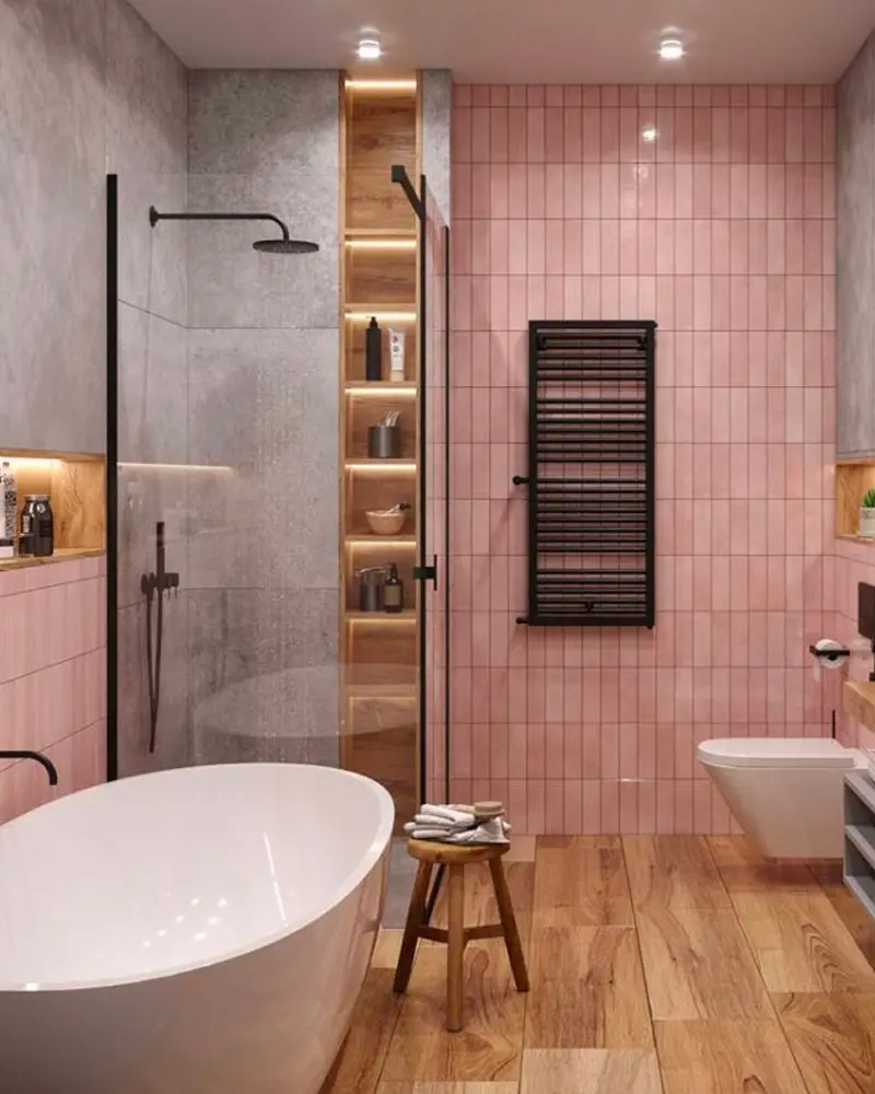 deco salle de bain carrelage zellige rose beton