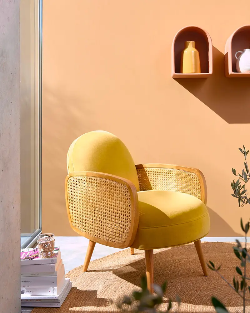 fauteuil velours jaune cannage