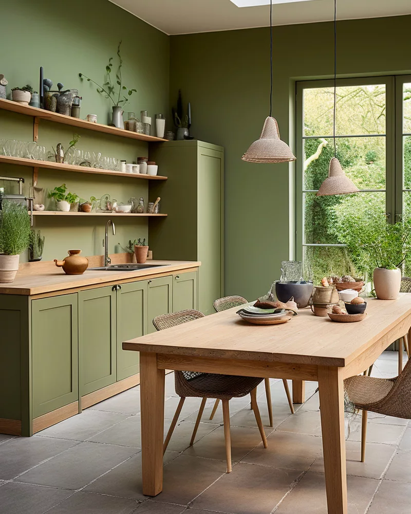 deco salle a manger cuisine vert sauge bois