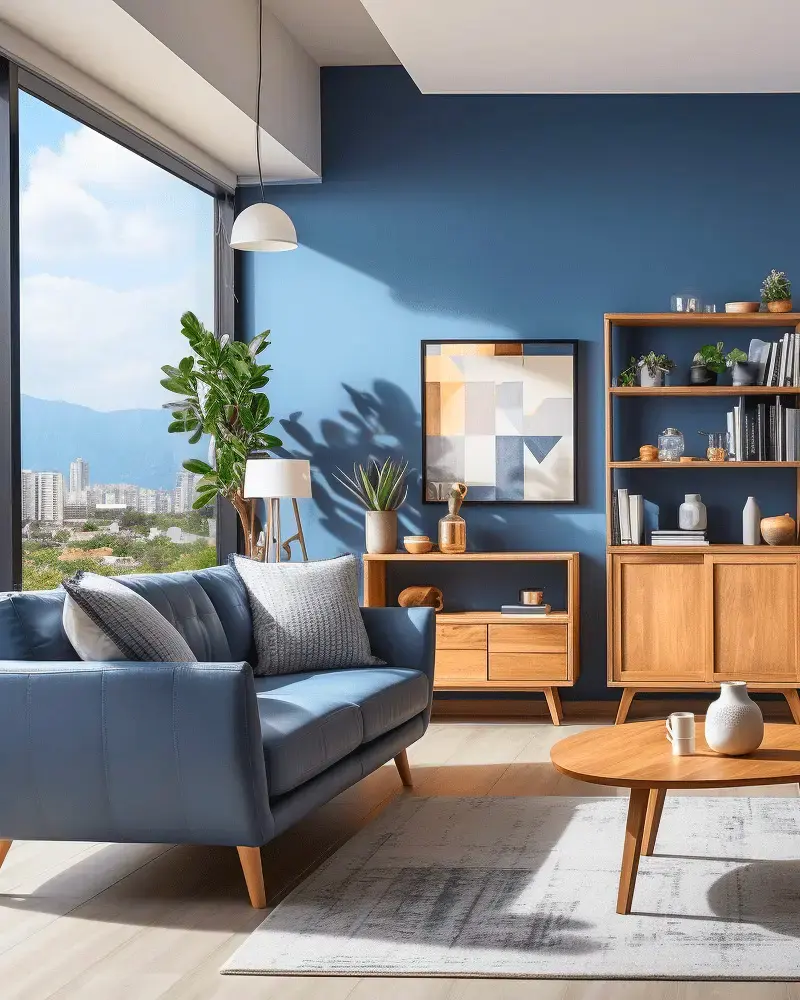 deco salon moderne bleu bois