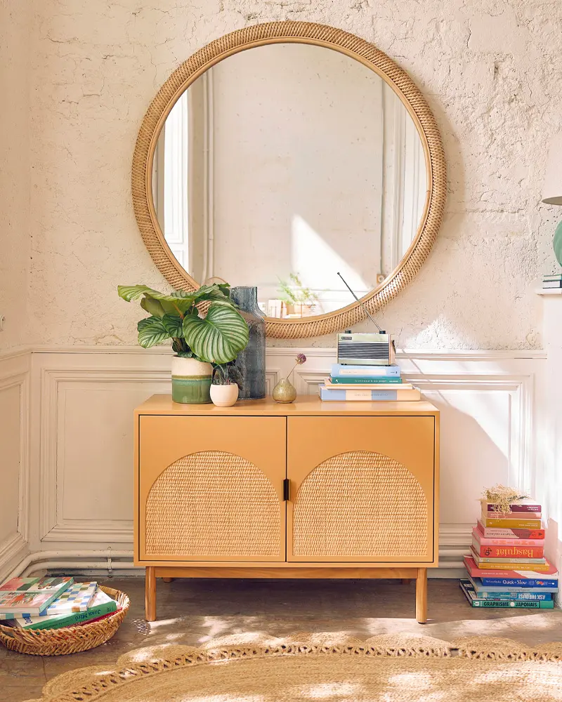 buffet jaune rotin tresse