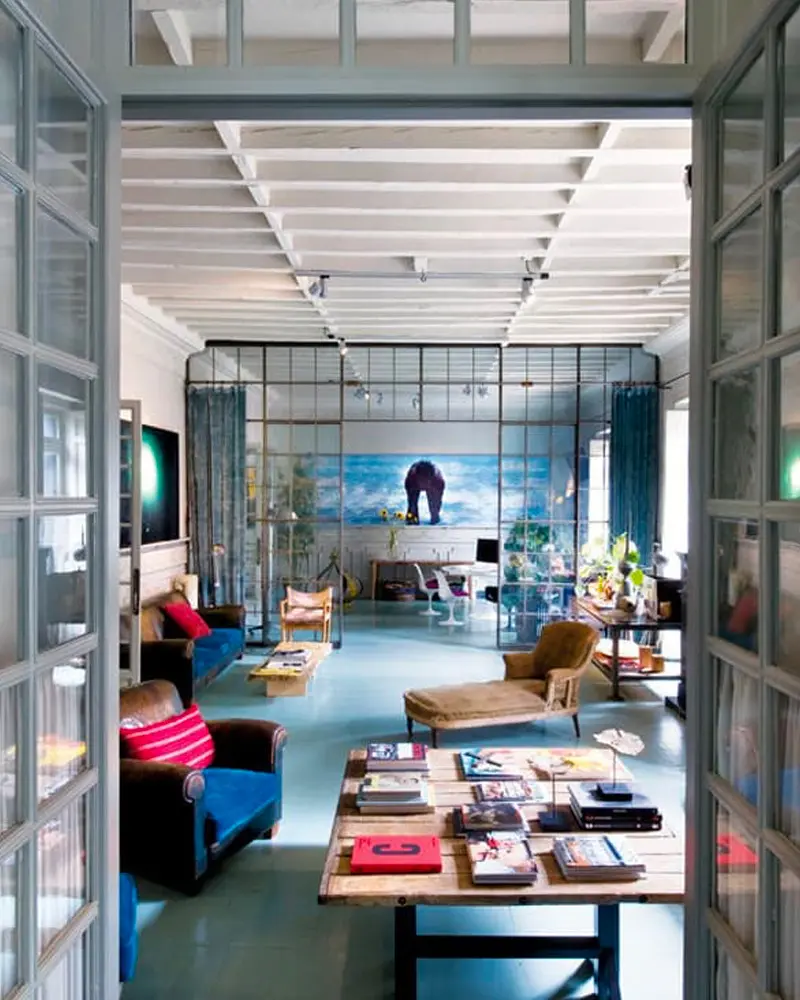 deco loft industriel bleu salon