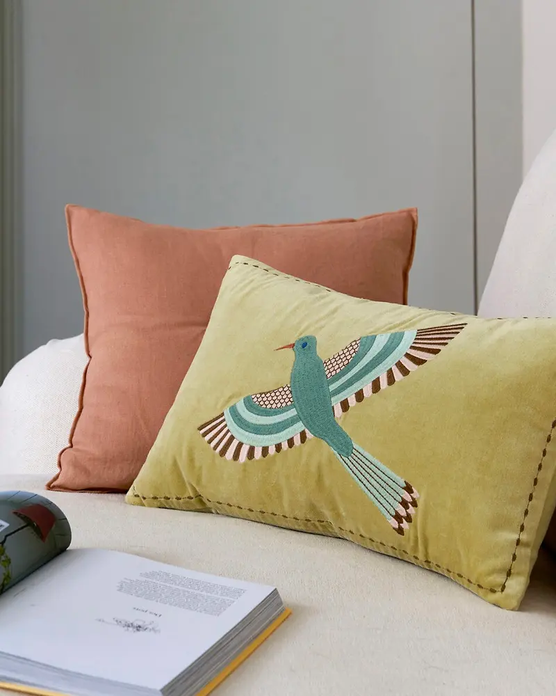 coussin velours oiseau