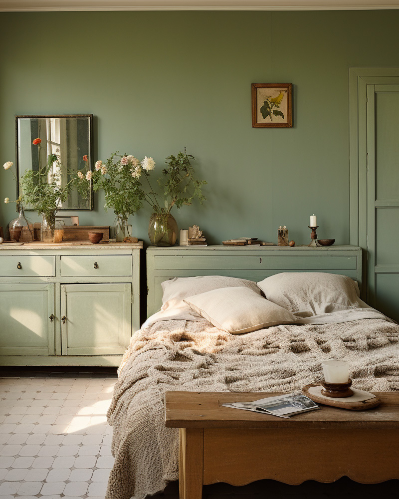 deco chambre vert sauge bois campagne