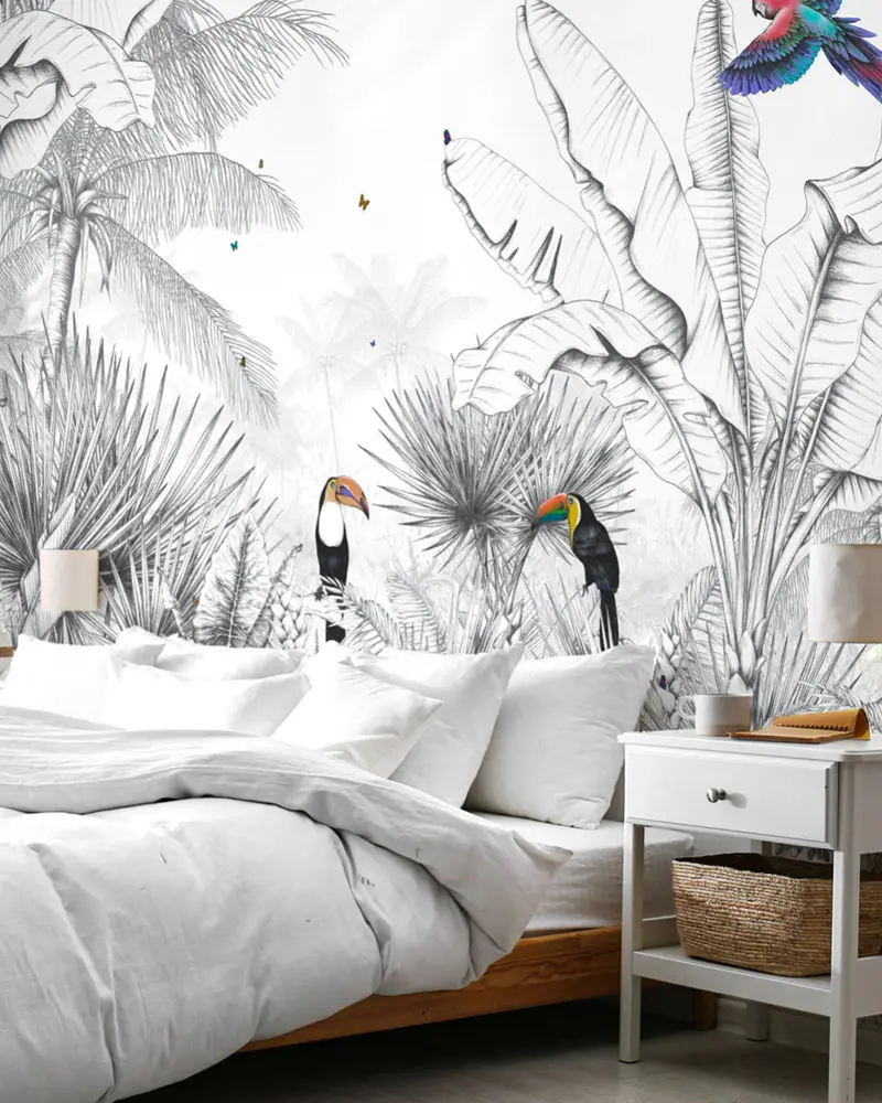 papier peint tropical noir blanc deco chambre